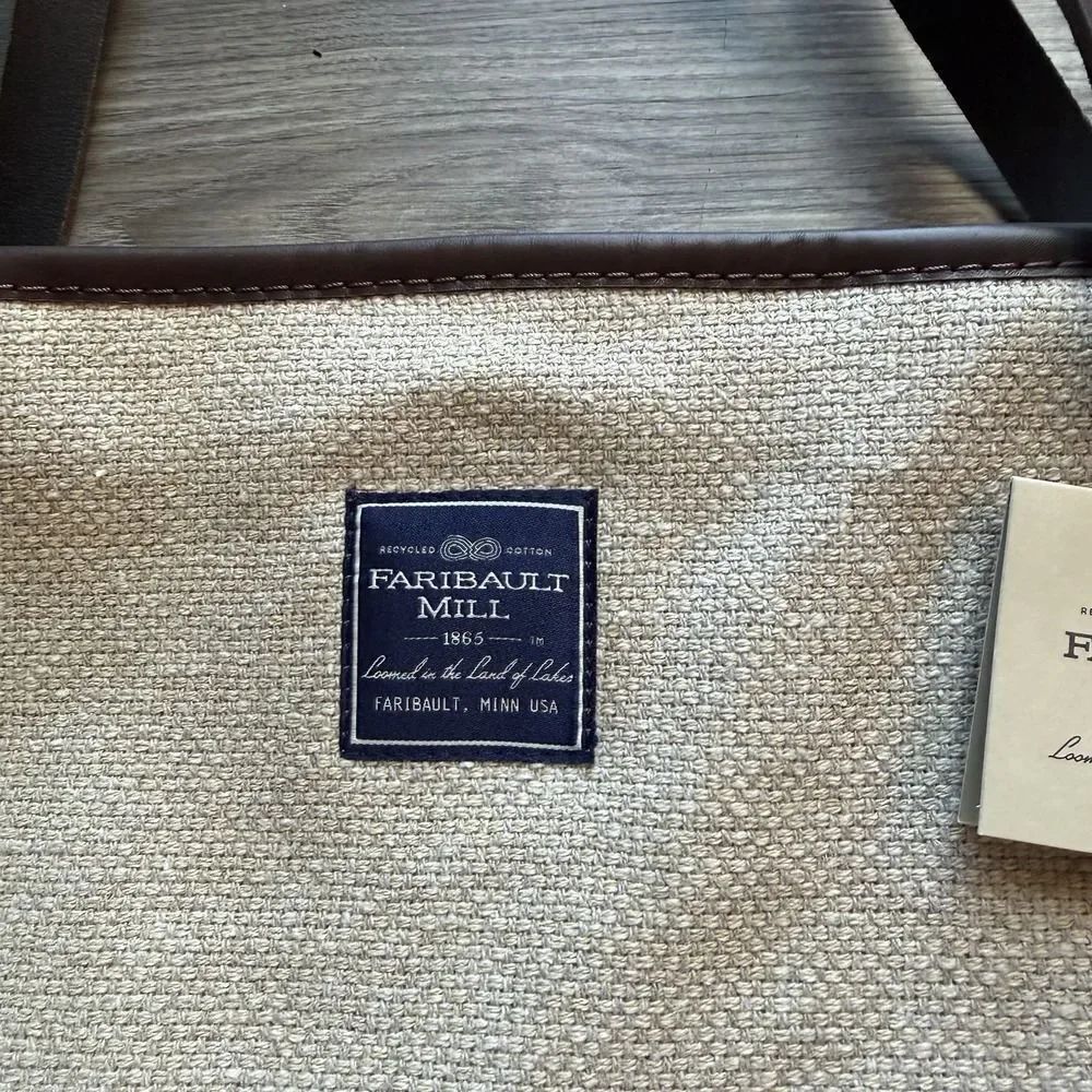 Faribault Woolen Mills Cotton Tote Bag MADE IN USA Leather Straps NWT Blue - Picture 3 of 8